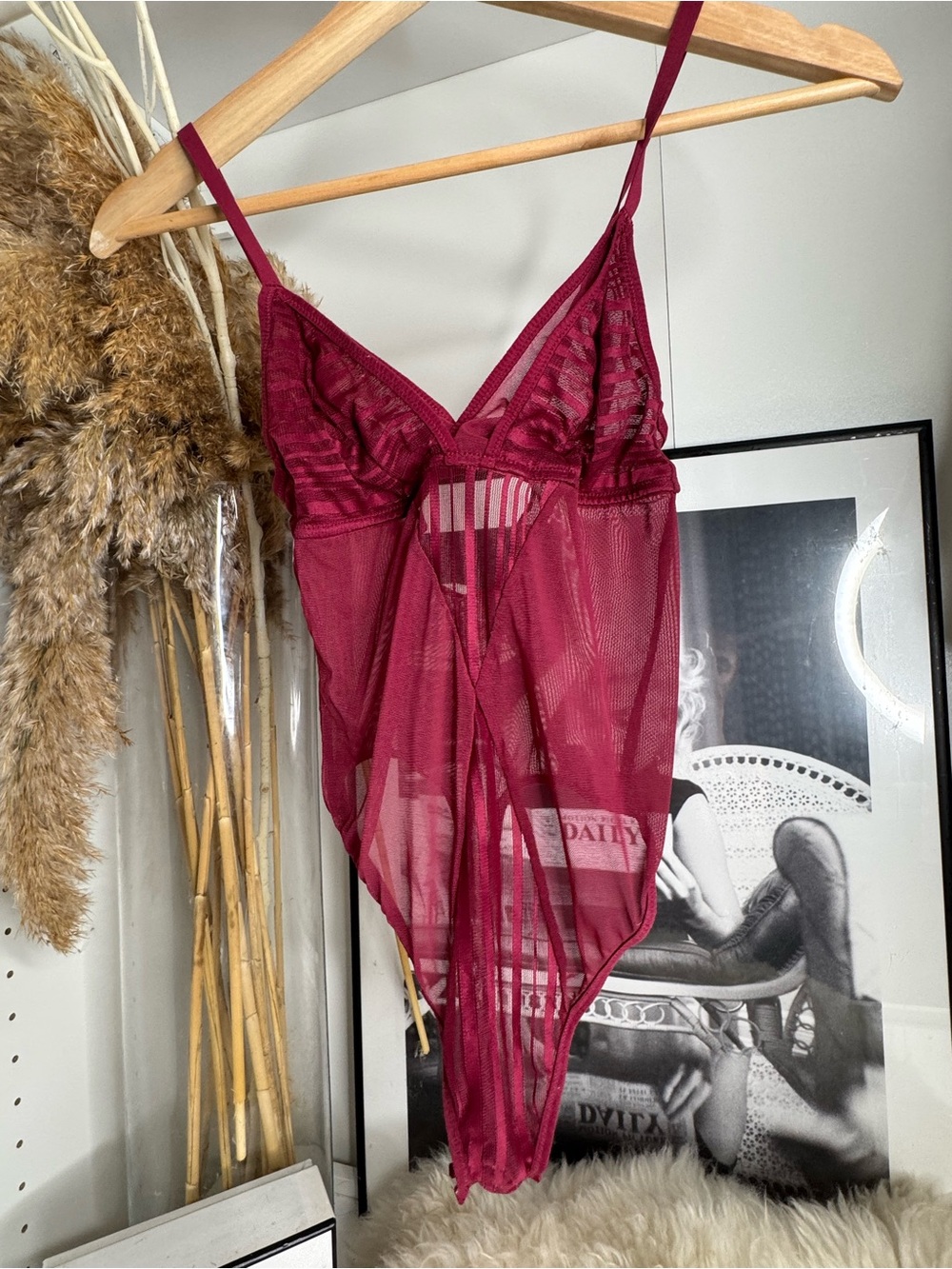Adore Me Burgundy Sheer Lace Bodysuit